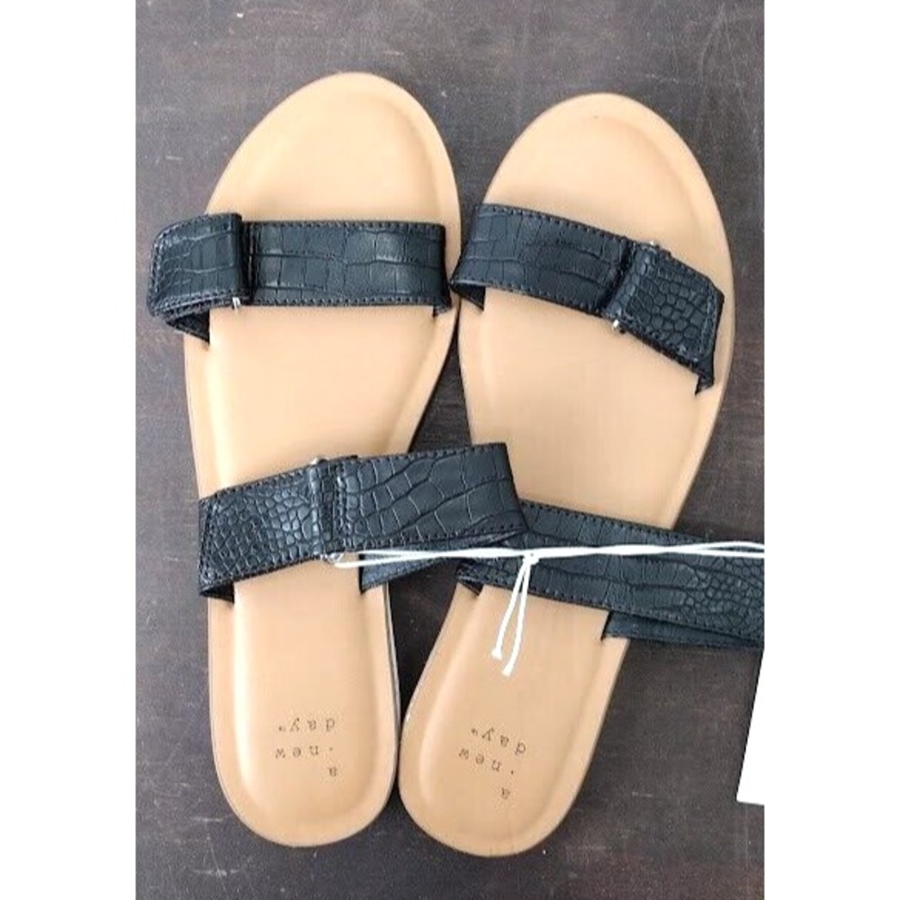 A New Day Womens Black Crocodile Embossed Slide Sandals‎ Size 8